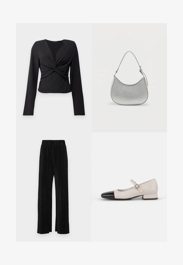 Haut noir à manches longues avec un design enveloppant, présentant un devant torsadé et une texture lisse. Conçu en tissu extensible pour un look ajusté.; Pantalons plissés noirs avec une taille élastique. Présente des jambes larges et un tissu lisse texturé avec des rayures verticales.; Chaussure de style Mary Jane en cuir crème avec un bout en vernis noir. Présente un bout rond, une sangle de cheville avec une boucle carrée et un petit talon carré.; Sac à main en simili cuir argenté avec une forme incurvée, une courte bandoulière ajustable et une texture lisse, présentant un minimum de détails de couture.