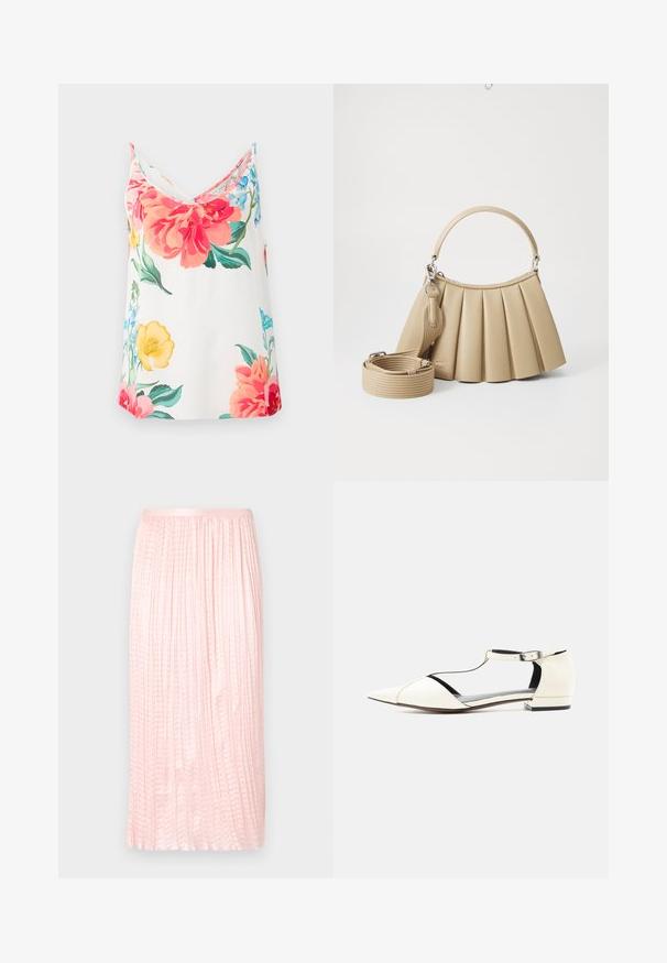 Blomstret camisole i let stof med store rosa, røde og gule blomster på en hvid baggrund. V-hals design og justerbare stropper.; Plisseret midi-nederdel i blød lyserød, med en glat overflade og elastisk liv. Designet med lodrette folder for et flydende udseende.; Hvid flad sko med spids tå, T-rem og ankelspænde, lav hæl og udskårne sider, vist på en neutral baggrund.; Lacoste LENGLEN BAG - Håndtasker - viennois