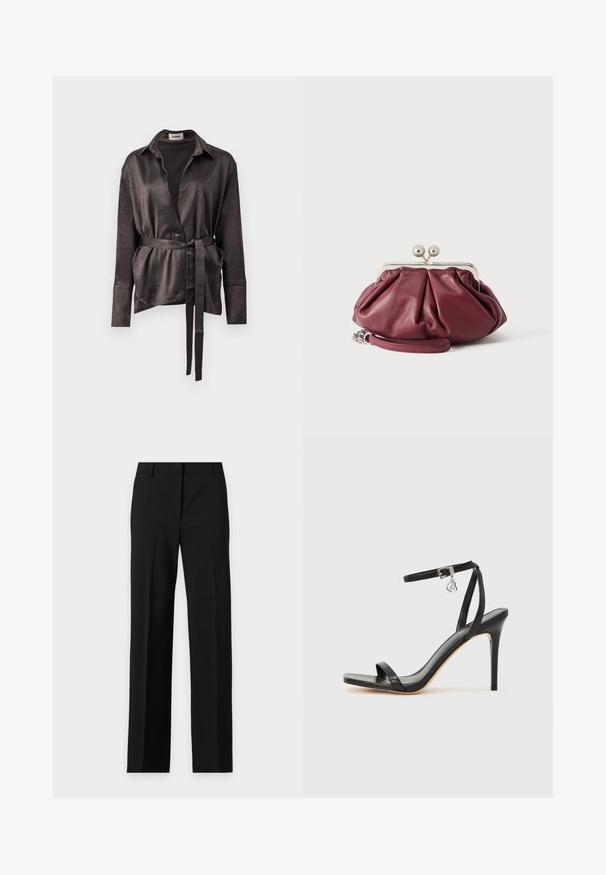 Veste chemise en satin marron foncé avec col, manches longues, fermeture par boutons et ceinture à nouer à l'avant pour un ajustement réglable. Texture lisse.; Pantalon habillé noir à coupe droite avec passants pour ceinture et un pli sur le devant de chaque jambe, sur un fond clair uni.; Sandale à talon haut noire avec une bride étroite à la cheville, bout carré, cuir lisse et accent de boucle métallique.; Petite pochette en cuir bordeaux avec fermoir en métal argenté et bracelet pour poignet sur fond blanc.