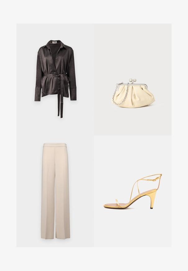 Veste chemise en satin marron foncé avec col, manches longues, fermeture par boutons et ceinture à nouer à l'avant pour un ajustement réglable. Texture lisse.; Pantalons larges beiges en tissu lisse, dotés d'une taille haute et de plis avant discrets. Pas de poches ni de détails en matériel visibles.; Sandale à talons hauts dorée avec fines lanières et une fine boucle à la cheville sur un fond gris clair.; Pochette en cuir beige plissé avec un cadre en métal argenté, dotée de deux fermoirs ronds décoratifs et d'une chaîne en argent.