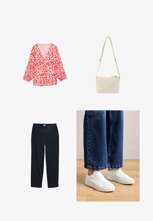 Lichtgewicht blouse met lange mouwen en een V-hals, gemaakt van roze stof en voorzien van een patroon van rode en lichte roze hartvormen overal.; Donkerblauwe wijde broek gemaakt van textiel met structuur. Voorzien van een elastische tailleband en zijzakken. Rechte snit.; Witte leren sneakers met een gestructureerde afwerking en platte rubberen zolen, met een low-top ontwerp en zes veterogen. Gecombineerd met blauwe denim.; TOM TAILOR ELIS CROSS BAG S - Schoudertas - off white off white