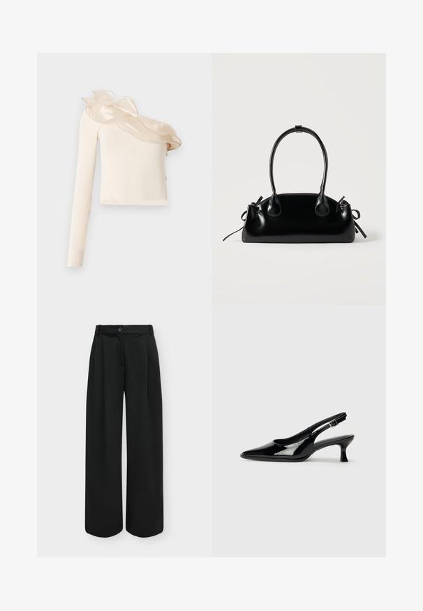 Haut crème asymétrique avec une seule manche longue, présentant un détail de col à volants transparent et un tissu lisse et ajusté.; Pantalon noir taille haute à jambes larges avec un bouton sur le devant et une fermeture éclair dissimulée sur un fond clair uni.; Escarpins en cuir verni noir avec un bout pointu et un petit talon carré. Sangle réglable à la cheville avec boucle.; Petit sac à main noir brillant avec deux longues anses et des détails à cordon sur les côtés sur un fond clair uni.