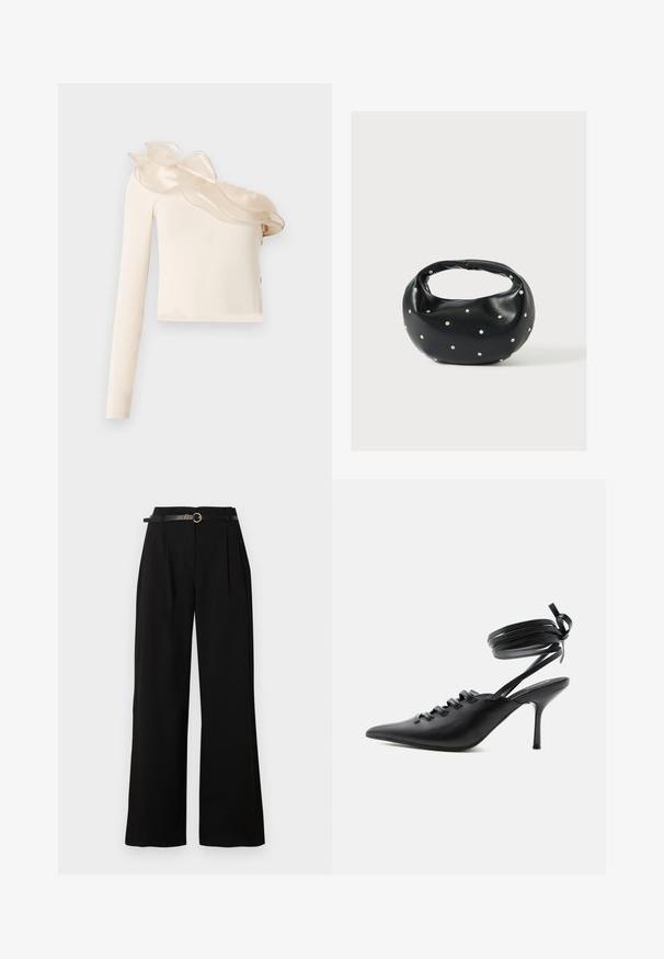 Haut crème asymétrique avec une seule manche longue, présentant un détail de col à volants transparent et un tissu lisse et ajusté.; Pantalon noir taille haute à jambes larges avec plis sur le devant et une ceinture noire fine avec une boucle ronde dorée.; Chaussure à talon haut noire à bout pointu avec laçage à l'avant et brides enroulées autour de la cheville nouées en nœud, vue de côté sur fond blanc.; Sac à main en cuir noir de forme arrondie, décoré de clous argentés et équipé d'une poignée courte. Texture lisse et fermeture éclair.