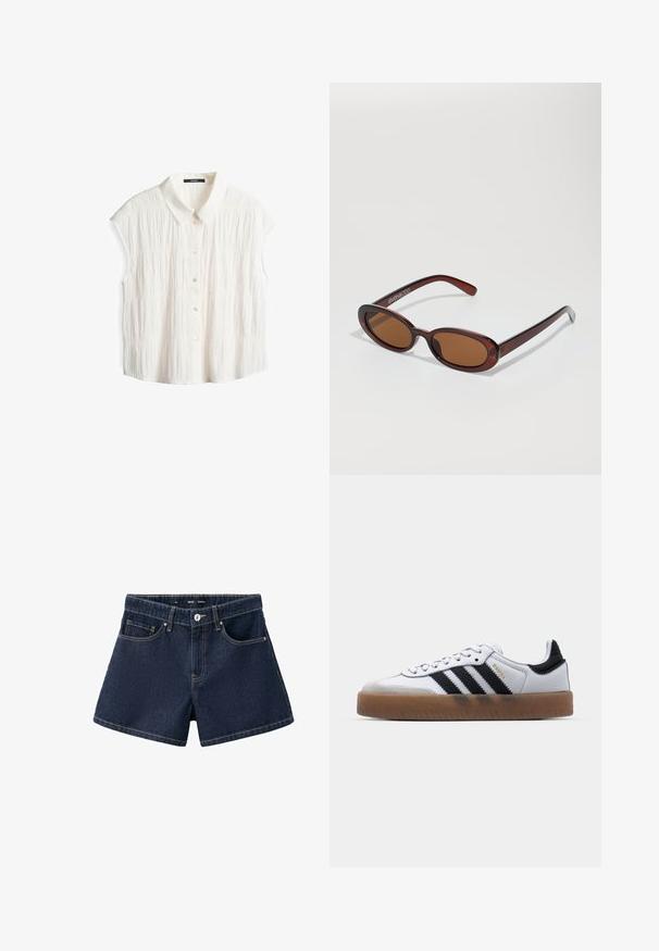Witte korte mouwen blouse met een kraag, met een gestructureerd kreukpatroon en een sluiting met knopen aan de voorkant.; Donkerblauwe denimshorts met knoop aan de voorkant, rits, riemlussen en twee voorzakken op een effen witte achtergrond.; Witte leren sneakers met zwarte strepen, gumrubberen buitenzool, ronde neus, vetersluiting en een zachte grijze suède neuskap.; Ronde, bruin getinte zonnebril met een glanzend bordeauxrood frame. Slanke pootjes met subtiele merkdetails. Vlakke lensontwerp.