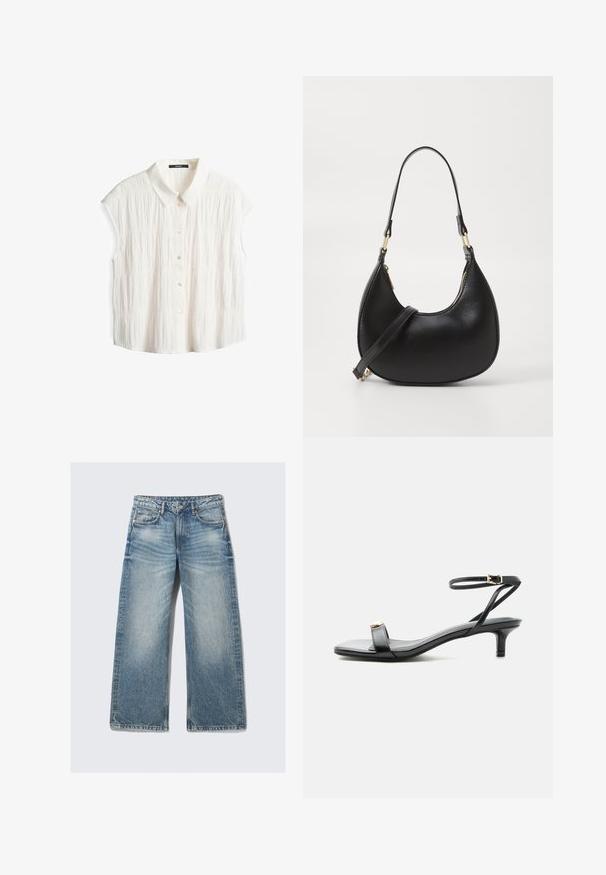 Witte korte mouwen blouse met een kraag, met een gestructureerd kreukpatroon en een sluiting met knopen aan de voorkant.; Lichtblauwe wijde spijkerbroek van denim, met voorzakken, een ritssluiting en een vervaagde textuur met subtiele wassingdetails.; Zwarte leren open teen sandaal met lage kittenhak, dunne enkelband met gouden gesp en decoratief gouden accent op de voorste band.; Zwarte leren handtas met een gebogen vorm, uitgerust met een bovenste ritsluiting, een kort handvat en een afneembare schouderband. Gouden hardware accenten.