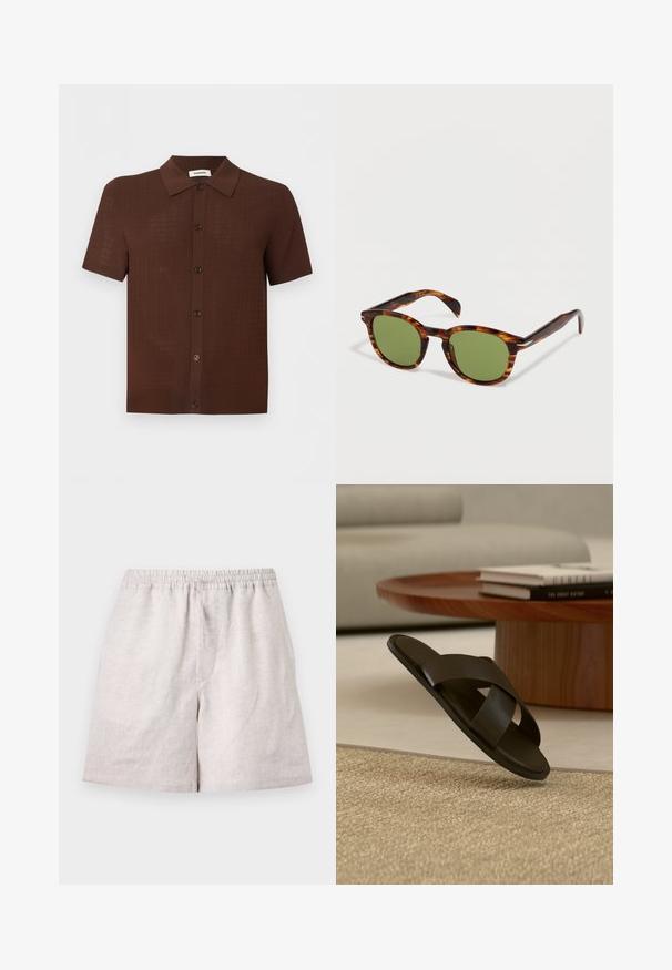 Chemise marron à manches courtes avec boutons, motif texturé et col classique, présentée sur un fond clair uni.; Shorts en lin beige clair avec taille élastique et cordon, longueur au genou, disposés à plat sur fond blanc.; Sandale slide en cuir noir avec larges brides croisées sur un tapis beige, près d'une table basse ronde en bois avec des livres empilés.; Lunettes de soleil en écaille de tortue avec des verres ronds verts reposant sur une surface blanche.