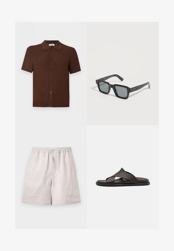 Chemise marron à manches courtes avec boutons, motif texturé et col classique, présentée sur un fond clair uni.; Shorts en lin beige clair avec taille élastique et cordon, longueur au genou, disposés à plat sur fond blanc.; Stuart Weitzman BERKLEY - Mules - espresso; Lunettes de soleil rectangulaires noires avec des verres teintés foncés et des branches épaisses, reposant sur une surface grise claire.