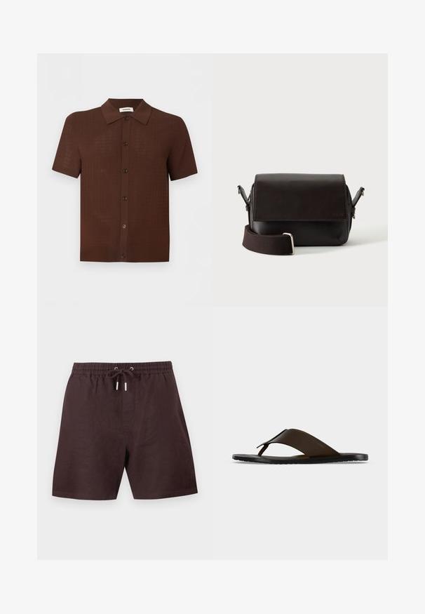 Chemise marron à manches courtes avec boutons, motif texturé et col classique, présentée sur un fond clair uni.; Shorts décontractés marron avec taille élastique et cordon avec embouts métalliques, fabriqués en tissu léger.; Sandale tong en cuir marron foncé avec une large sangle à la cheville et une semelle plate noire, montrée de profil sur fond gris.; Sac bandoulière en cuir marron foncé avec fermeture à rabat et sangle en tissu réglable sur fond blanc.
