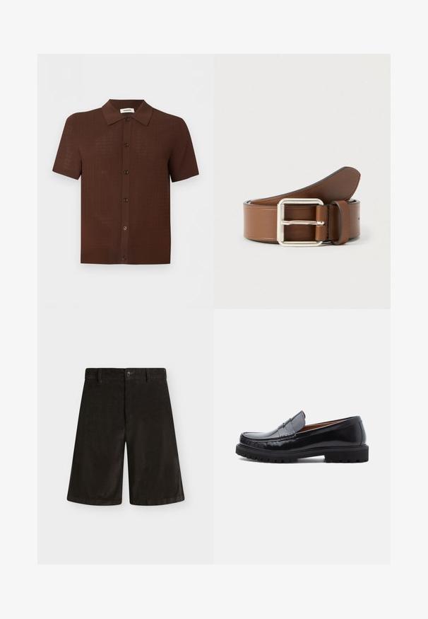 Chemise marron à manches courtes avec boutons, motif texturé et col classique, présentée sur un fond clair uni.; Short noir mi-long avec passants de ceinture, fermeture par bouton et devant uni, posé à plat sur fond blanc.; Mocassin penny en cuir noir avec semelle en caoutchouc épaisse et couture moc toe, montré de profil sur un fond blanc.; Ceinture en cuir marron avec une boucle rectangulaire argentée, présentant une texture lisse et une extrémité légèrement effilée.