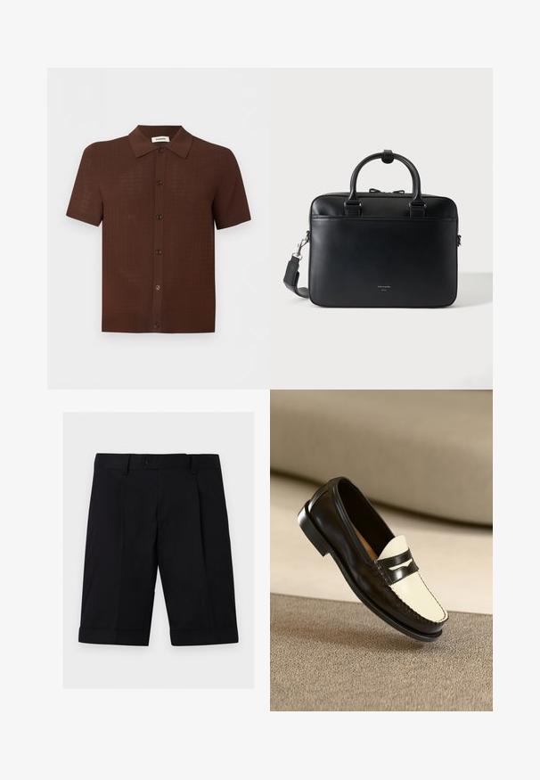 Chemise marron à manches courtes avec boutons, motif texturé et col classique, présentée sur un fond clair uni.; Shorts noirs sur mesure à la longueur genou avec une taille boutonnée, des passants de ceinture et des ourlets retroussés sur un fond clair uni.; Mocassin en cuir noir avec un empeigne crème et des rayures noires, présentant un petit talon et des coutures détaillées le long des bords.; Porte-documents en cuir noir avec doubles poignées et bandoulière détachable, design minimaliste sur fond uni.