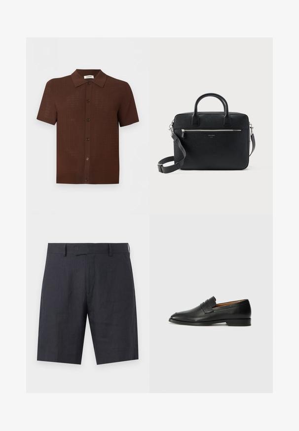 Chemise marron à manches courtes avec boutons, motif texturé et col classique, présentée sur un fond clair uni.; Shorts bleu marine cintrés arrivant au genou avec passants de ceinture, fermeture éclair dissimulée et design épuré et minimaliste.; Mocassin en cuir noir avec un bout arrondi, des coutures subtiles et un talon bas, présentant une texture lisse et un design minimaliste.; Serviette rectangulaire en cuir noir texturé avec double poignée, poche avant zippée et bandoulière réglable présentée sur fond blanc.