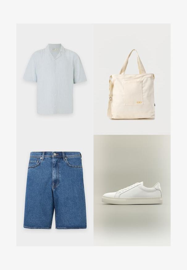 Kortærmet skjorte med knaplukning i lys blå og hvide striber. Har klassisk krave og en afslappet pasform i et let materiale.; Denim shorts i en mellemblå nuance med et klassisk fem-lomme-design, sydde detaljer og en lige pasform.; Hvid lavtop sneaker med snørebånd foran og tyk sål, vist fra siden mod en neutral baggrund.; Kremfarvet lærredstote-taske med frontlomme, to håndtag, justerbar skulderrem og lille gul "O.N.S" tekst i nederste højre hjørne af lommen.