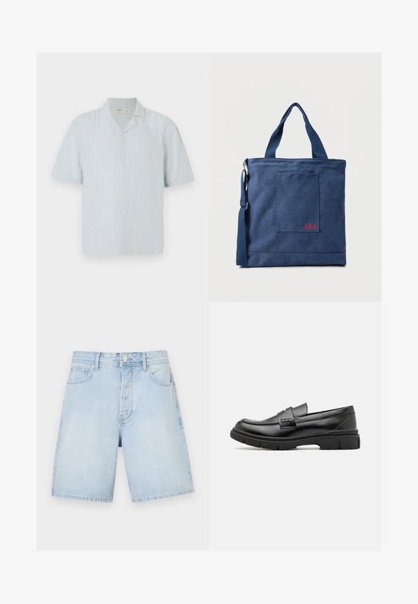 Kortærmet skjorte med knaplukning i lys blå og hvide striber. Har klassisk krave og en afslappet pasform i et let materiale.; Lyseblå denimshorts med lige snit, der har forlommer, knaplukning og afslappet syning. Glat tekstur uden mønstre.; Sort læder loafersko med en bred rem over forfoden, gummisål med tykke mønstre og glat overflade. Klassisk, slankt design.; Blå lærredstote taske med frontlomme og rød "O.N.S" broderi, med to håndtag og en justerbar skulderrem.