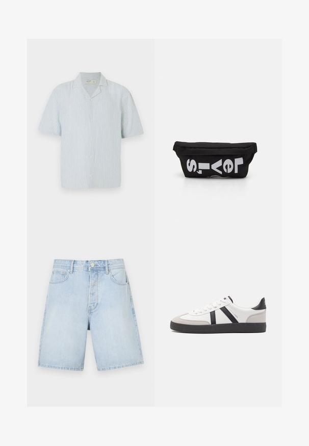 Kurzärmliges Hemd mit Knopfleiste in hellblau-weißen Streifen. Verfügt über einen klassischen Kragen und einen lockeren Schnitt aus leichtem Stoff.; Hellblaue Denim-Shorts mit geradem Schnitt, ausgestattet mit Fronttaschen, einem Knopfverschluss und lässigen Nähten. Glatte Textur ohne Muster.; Weiße Sneaker mit schwarz- und grau-aczenten, ausgestattet mit einer strukturierten grauen Zehenkappe, schwarzer Gummi-Sohle und flachen weißen Schnürsenkeln. Sauberes Design, minimalistische Stil.; Schwarze Stofftasche mit flacher Form, mit fettgedrucktem weißen Text. Der Reißverschluss befindet sich oben, mit einer Schlaufe an einer Seite.