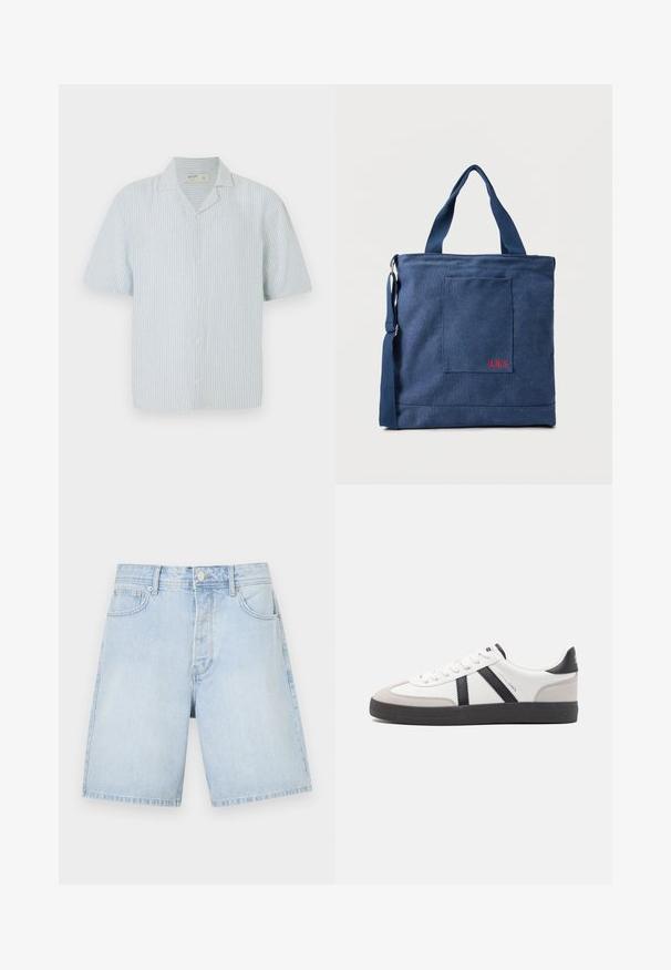 Korte mouw blouse met knopen in lichtblauw en witte strepen. Beschikt over een klassieke kraag en een losse pasvorm in een lichtgewicht stof.; Lichtblauwe denim shorts met een rechte snit, voorzien van voorzakken, een knoopsluiting en casual stiksels. Glad textuur zonder patronen.; Witte sneaker met zwarte en grijze accenten, voorzien van een grijze neus met textuur, zwarte rubberen zool en platte witte veters. Schoon ontwerp, minimalistische stijl.; Blauwe canvas tas met voorvak en rode "O.N.S" borduring, voorzien van dubbele handvatten en een verstelbare schouderriem.