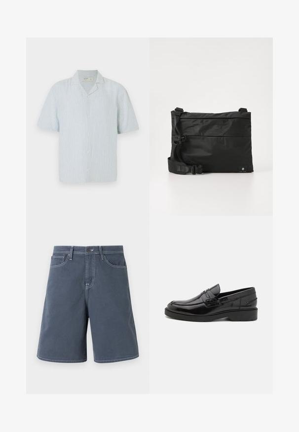 Korte mouw blouse met knopen in lichtblauw en witte strepen. Beschikt over een klassieke kraag en een losse pasvorm in een lichtgewicht stof.; Donkerblauwe katoenen shorts met witte stiksels, vijf zakken en een knoopsluiting in de taille. Rechte pijpen, minimale details.; Zwarte leren instappers met een gladde afwerking, ronde neus, lage hak en decoratieve stiksels aan de voorkant. Rubberen buitenzool voor grip.; Zwarte nylon boodschappentas met verstelbare riem, plat ontwerp en een zijlabel met een logo. Soepele textuur en minimalistische stijl.