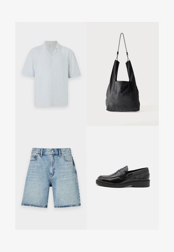 Korte mouw blouse met knopen in lichtblauw en witte strepen. Beschikt over een klassieke kraag en een losse pasvorm in een lichtgewicht stof.; Lichtblauwe denim shorts met een rechte snit, vijf zakken en zichtbare stiksels. Voorzien van een knoopsluiting aan de voorkant.; Zwarte leren instappers met een gladde afwerking, ronde neus, lage hak en decoratieve stiksels aan de voorkant. Rubberen buitenzool voor grip.; Zwart zachte stoffen draagtas met brede handvatten en een dunne zwart-witte gevlochten schouderriem.