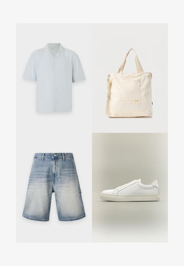 Chemise à manches courtes avec boutons, en rayures bleu clair et blanches. Dotée d'un col classique et d'une coupe décontractée, fabriquée dans un tissu léger.; Shorts en denim de couleur bleue délavée, coupe ample et droite. Comprend cinq poches et des passants de ceinture avec un motif légèrement usé.; Baskets blanches basses à lacets sur l’avant et semelle épaisse, vues de côté sur un fond neutre.; Sac fourre-tout en toile crème avec poche avant, deux poignées, bandoulière réglable et petit texte jaune "O.N.S" en bas à droite de la poche.