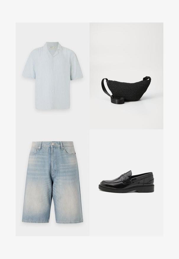 Camisa de botones de manga corta en rayas azul claras y blancas. Presenta un cuello clásico y un corte relajado en una tela ligera.; Shorts de mezclilla azul claro con un ajuste relajado. Presentan un cierre de botón, trabillas para cinturón y dos bolsillos frontales. Textura desgastada en toda su superficie.; Mocasines de cuero negro con un acabado suave, punta redondeada, tacón bajo y costura decorativa en la parte delantera. Suela de goma para mayor agarre.; Bolsa de tela negra tejida con forma curva, que cuenta con una correa negra lisa y un exterior texturizado. Adecuada para llevar de lado o en la cadera.