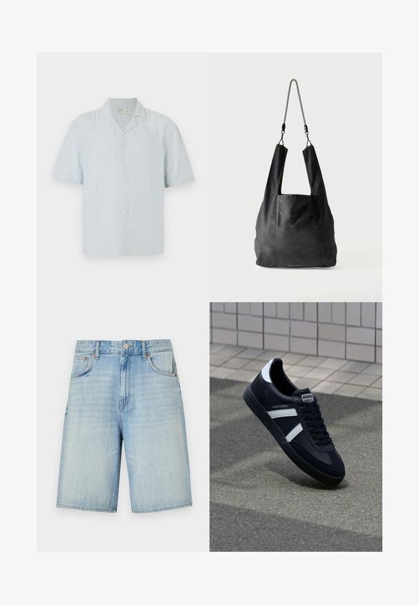 Korte mouw blouse met knopen in lichtblauw en witte strepen. Beschikt over een klassieke kraag en een losse pasvorm in een lichtgewicht stof.; Lichtblauwe denimshorts met een rechte snit, voorzien van een knoop- en ritsluiting, vijf zakken en een licht vervaagde afwerking.; Zwarte leren sneaker met witte strepen, een gestructureerde rubberen zool en vetersluiting aan de voorkant. Voorzien van een merklabel op de tong.; Zwart zachte stoffen draagtas met brede handvatten en een dunne zwart-witte gevlochten schouderriem.