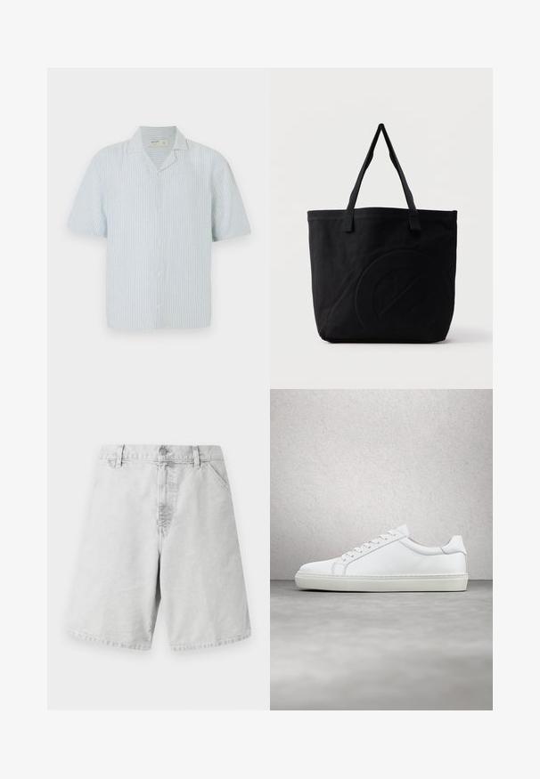 Camisa de botones de manga corta en rayas azul claras y blancas. Presenta un cuello clásico y un corte relajado en una tela ligera.; Pantalones cortos de algodón gris claro con un corte clásico, con cremallera, presillas para cinturón y bolsillos laterales. Textura suave con un diseño sencillo.; Zapatilla blanca con parte superior de cuero liso y perfil bajo. Presenta una puntera redondeada, seis ojales y una suela de goma texturizada.; Bolsa tote de lona negra con dos correas para el hombro y un diseño circular en relieve sutil en el frente.