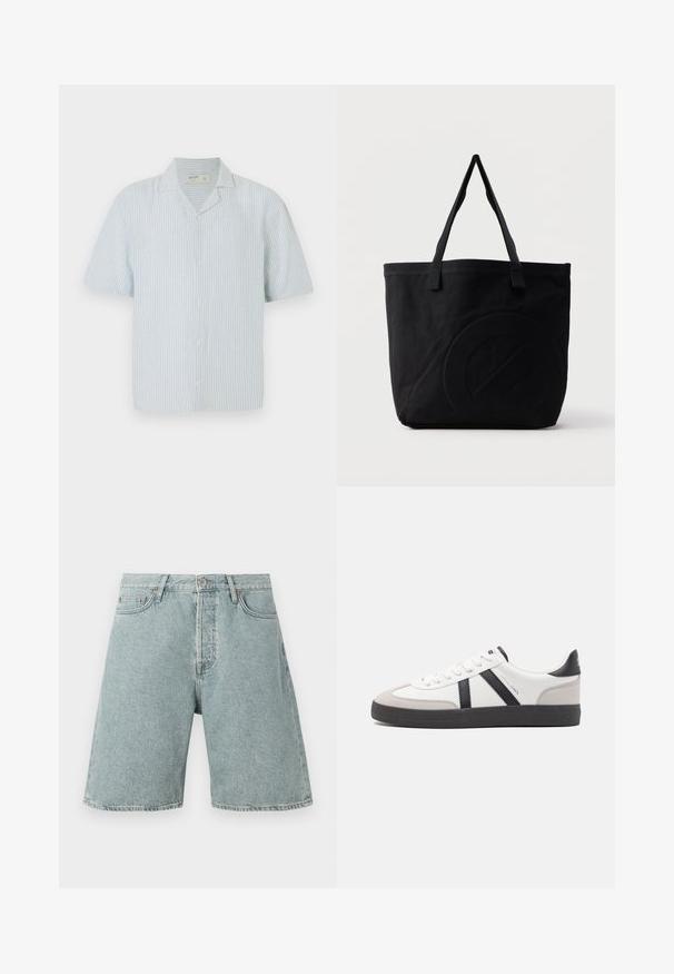Camisa de botones de manga corta en rayas azul claras y blancas. Presenta un cuello clásico y un corte relajado en una tela ligera.; Pantalones cortos de mezclilla azul claro con un ajuste relajado, cinco bolsillos y cierre de botón. Textura desgastada con costuras visibles.; Zapatilla blanca con acentos en negro y gris, que presenta una puntera texturizada en gris, suela de goma negra y cordones planos blancos. Diseño limpio, estilo minimalista.; Bolsa tote de lona negra con dos correas para el hombro y un diseño circular en relieve sutil en el frente.