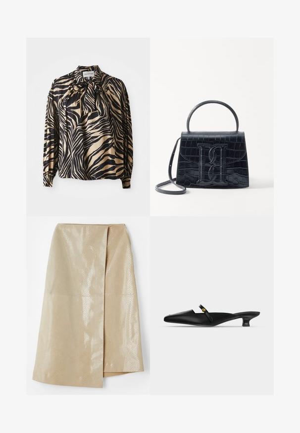 Langsleeve shirt in een gladde stof met een gedurfd zwart en gouden zebrapatroon, met een strikje bij de hals.; Beige nepleer rok met een glanzend, gestructureerd slangenhuidpatroon; beschikt over een wikkelontwerp en een zijsplit voor extra detail.; Zwarte mule met puntige neus, lage kittenhak en smalle riem over de wreef met een klein gouden knoopdetail.; Zwarte handtas van krokodillleer met een gestructureerd ontwerp, bovenhandvat, verstelbare schouderband en een opvallend voorlogo.