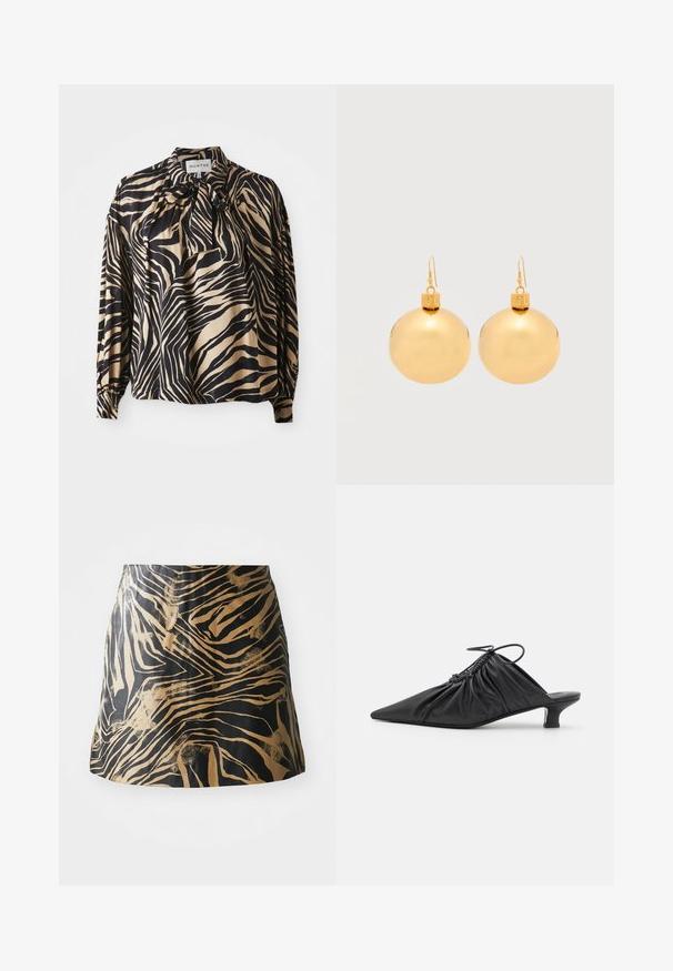Langsleeve shirt in een gladde stof met een gedurfd zwart en gouden zebrapatroon, met een strikje bij de hals.; Zwarte en gouden rok met een zebrapatroon, gemaakt van glad materiaal met een strakke pasvorm en een hoge taille.; Zwarte leren instappers met een spitse neus, gegatherde textuur en een kleine kittenhiel. Heeft een trekkoorddetail aan de opening.; Een paar glanzende gouden kerstbal-oorbellen met haaksluitingen op een effen witte achtergrond.