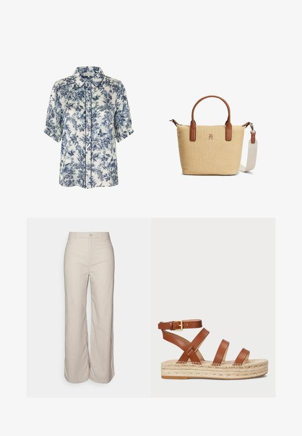 Chemisier blanc à manches courtes avec imprimé botanique et papillons bleu marine, col pointu, boutons sur le devant et poignets froncés.; Pantalons larges en lin beige avec une fermeture à bouton, des poches latérales et une texture lisse, offrant une coupe décontractée et des lignes épurées.; Sandale en cuir marron avec trois sangles et une boucle à la cheville, dotée d'une semelle en jute tressé pour plus de texture et de hauteur.; Sac à main tissé beige avec poignées en cuir marron, petit logo doré à l'avant, et bandoulière blanche en tissu amovible avec détail en cuir.