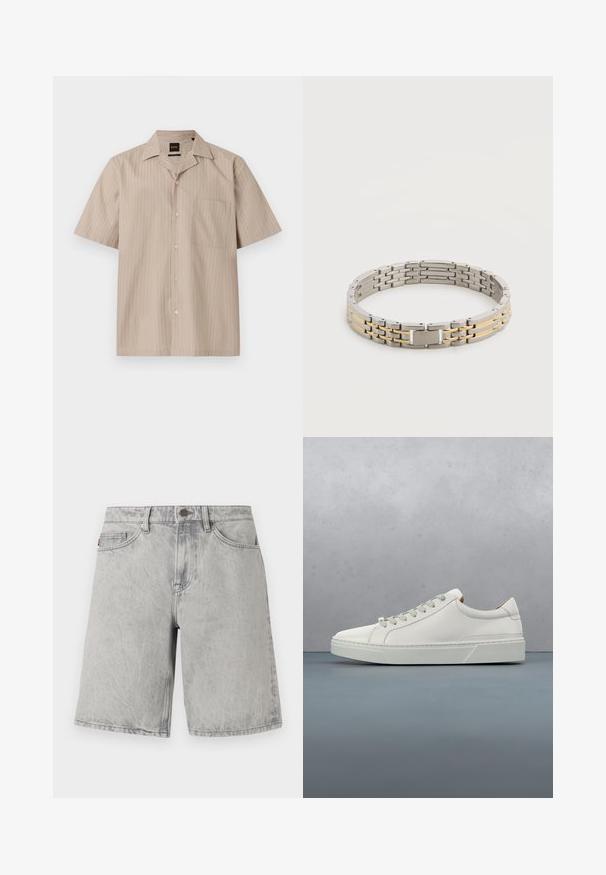 Chemise beige à manches courtes avec boutons, fines rayures verticales discrètes, une poche poitrine et un col décontracté.; Shorts en jean gris clair avec fermeture par bouton et fermeture éclair, passants pour ceinture et poches avant, présentés sur un fond blanc.; Baskets en cuir blanc avec un bout arrondi, design minimaliste, lacets gris et semelle en caoutchouc gris texturé. Détails de couture subtils visibles.; Bracelet en métal argenté et doré avec un fermoir rectangulaire gravé du nom d'une marque sur fond blanc.