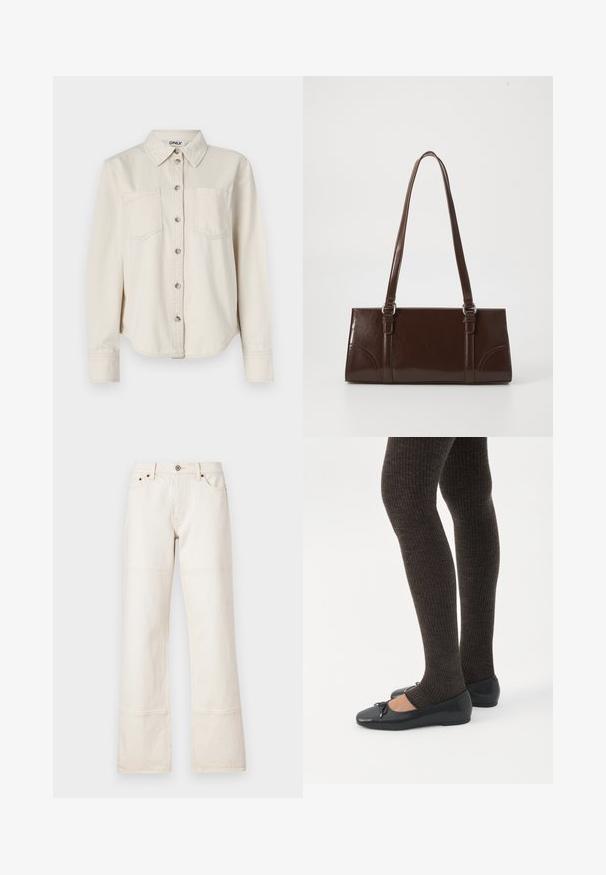 Chemise en denim beige à manches longues, avec un devant à boutons, deux poches poitrine et un col classique. Texture douce avec un détail d'ourlet arrondi.; Jean large, taille haute en denim beige. Comprend des poches, une fermeture à bouton à l'avant et des coutures contrastées le long des coutures.; Jambes portant des leggings côtelés foncés associés à des ballerines noires avec de petits détails en nœud sur fond blanc.; Sac à main en cuir verni marron de forme rectangulaire, avec deux longues poignées et des accents courbés subtils à l'avant.