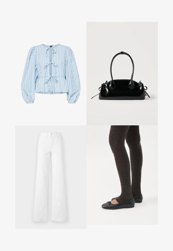 Blusa peplum azul claro de algodón a rayas. Presenta un cuello redondo, cierre frontal con lazo, mangas abullonadas y detalles fruncidos en la cintura.; Jeans ancho blancos en tela de mezclilla con una cintura alta, que cuentan con bolsillos frontales, trabillas para cinturón y un cierre de botón. Textura suave, sin patrones.; Piernas con leggings oscuros acanalados combinados con bailarinas negras que presentan pequeños detalles de lazo sobre un fondo blanco.; Pequeño bolso negro brillante con dos asas largas y detalles de cordón lateral sobre un fondo claro liso.