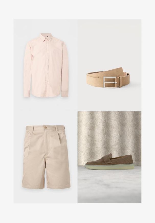 Chemise rose clair à manches longues avec boutons, col pointu, logo discret sur la poitrine et poignets boutonnés sur un fond blanc uni.; Short beige longueur genou avec fermeture avant bouton et zip, passants pour ceinture et poches latérales.; Mocassin beige en daim sans lacets avec semelle en caoutchouc blanche et logo BOSS sur la sangle latérale, présenté sur un fond neutre uni.; Ceinture en cuir suédé couleur fauve avec boucle rectangulaire argentée et passant en cuir, roulée sur un fond blanc.