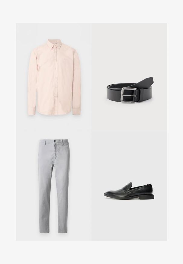 Chemise rose clair à manches longues avec boutons, col pointu, logo discret sur la poitrine et poignets boutonnés sur un fond blanc uni.; Chinos en coton gris avec une coupe droite, dotés d'une fermeture à bouton, de passants de ceinture et de poches latérales. Texture lisse avec des détails de couture minimaux.; Mocassins en cuir noir avec une texture lisse, un nez pointu et un petit talon rectangulaire. Présente un détail de bande horizontale sur le dessus.; Ceinture en cuir noir enroulée avec une boucle métallique rectangulaire argentée gravée "BOSS" sur un fond gris clair.