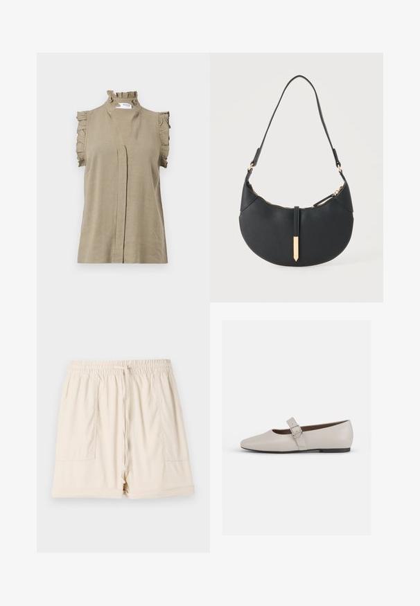 Khaki ærmeløs top lavet af let materiale, med en volang krave og skulderdetaljer, samt en subtil frontplissé.; Beige bomuldsbukser med elastisk talje, snor og to sidelommer; har en afslappet pasform og oprullede kanter.; Beige læder Mary Jane flad sko med spids tå, ankelrem og en sølvspænde detalje, der har en lav sort hæl.; Sort håndtaske formet som en halvmåne med en enkelt rem, guld lynlås og en guldfarvet rektangulær dekorativ fane foran.
