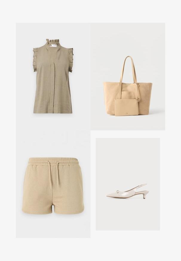 Khaki ærmeløs top lavet af let materiale, med en volang krave og skulderdetaljer, samt en subtil frontplissé.; Beige bomuldsshorts med elastisk taljebånd og snor foran, designet til afslappet brug.; Blank beige spids tå slingback sko med lav kitten hæl og en lille metalspænde nær tåen.; Beige ruskind-totetaske med lange håndtag og tilhørende matchende lynlåsetaske på en ensfarvet hvid baggrund.