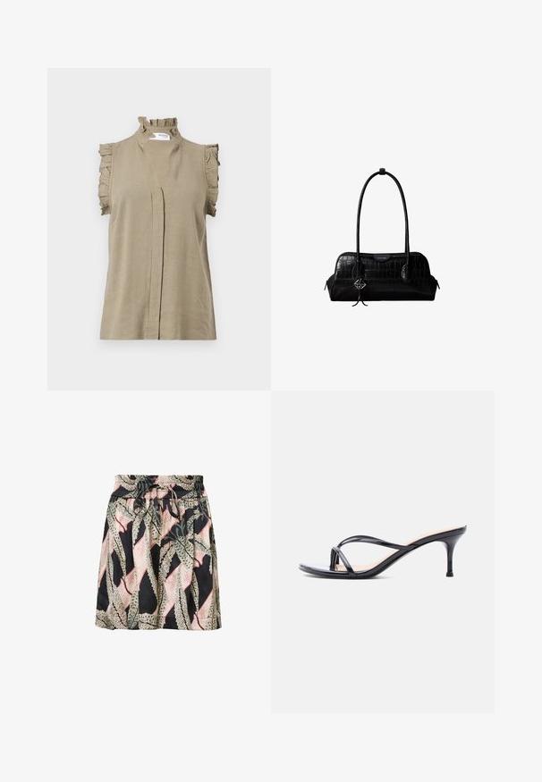 Khaki liivimättöma ülemise osa, mis on valmistatud kerge materjali, rippuva kaelaosa ja õlavarre aksessuaaridega, koos peene ees oleva voldiga.; Hame floral print dengan latar belakang hitam, pinggang elastis, detail tali serut, dan tekstur ringan serta halus.; Musta kiiltävä nahkainen korkokenkä, jossa ohuet ristikkäiset hihnat ja kapea, keskipitkä piikkikorko valkoisella taustalla.; Musta krokotiilipintainen nahkainen olkalaukku pitkillä remmeillä ja pienellä hopeisella logokoristeella yhdellä remmistä.