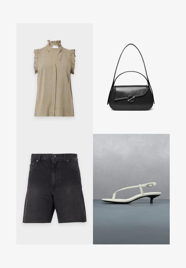 Khaki ærmeløs top lavet af let materiale, med en volang krave og skulderdetaljer, samt en subtil frontplissé.; Sorte denimshorts med lige snit, der har en knaplukning, frontlommer og et tekstureret stof. Minimalistisk design uden synlige mønstre.; Hvid sandal med stropper og kitten-hæl med spids tå, svævende over et trægulv udendørs med en sløret plante og væg i baggrunden.; Sort skuldertaske i læder med en buet klap, der er fastgjort med en rund metal spænde, og en slank, justerbar rem.