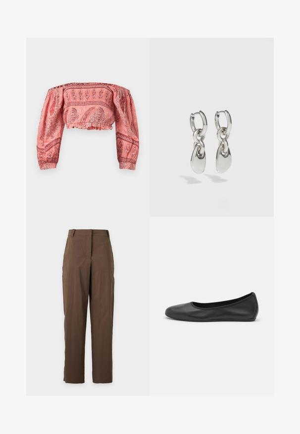 Blouse courte à épaules dénudées avec manches longues bouffantes, présentant un motif cachemire rouge et rose, avec poignets et ourlet élastiqués.; Pantalon marron à jambe droite avec passants de ceinture et fermeture sur le devant, présenté sur un fond clair uni.; Ballerines en cuir noir avec un bout rond, texture lisse, détails de couture minimalistes et design de semelle flexible.; Boucles d'oreilles en argent avec des maillons ovales allongés, présentant une finition polie et un pendentif tombant texturé. Design simple avec des bords lisses.