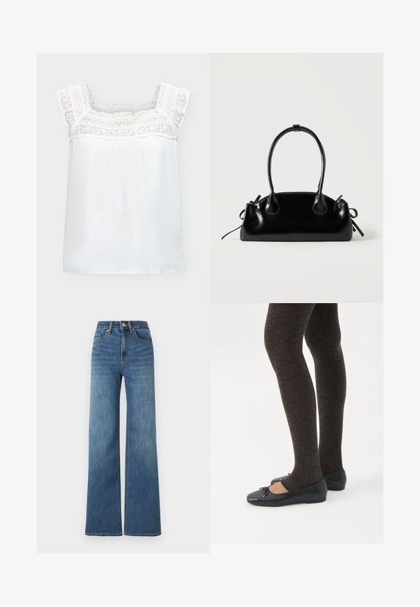 Blouse blanche sans manches avec larges bretelles en dentelle et détail en dentelle le long de l'encolure carrée et de la poitrine haute.; Jean taille haute bleu moyen avec jambes larges, fermeture avant par boutons et zip, style cinq poches.; Jambes portant des leggings côtelés foncés associés à des ballerines noires avec de petits détails en nœud sur fond blanc.; Petit sac à main noir brillant avec deux longues anses et des détails à cordon sur les côtés sur un fond clair uni.