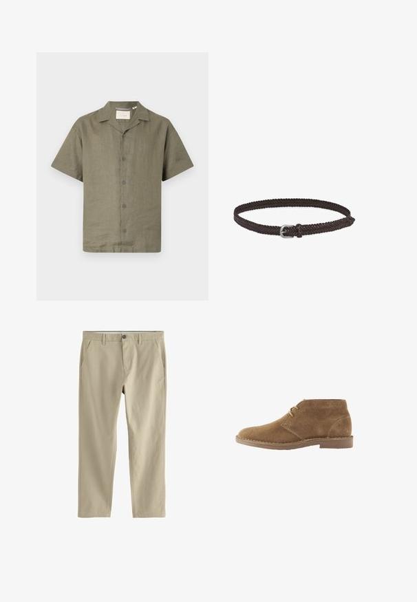 Korte mouw shirt in olijfgroen linnen met een camp collar en zes bijpassende knopen aan de voorkant, met een relaxte pasvorm en gestructureerde stof.; Beige rechte broekspijpen met riemlussen, twee zijzakken, een knoopsluiting aan de voorkant en ritssluiting.; Bruine suède enkellaars casual schoen met twee veterogen en gestikte zool op witte achtergrond, zijaanzicht.; Gevlochten bruine leren riem met een zilveren metalen gesp. Heeft een gladde textuur en een slank, flexibel ontwerp.