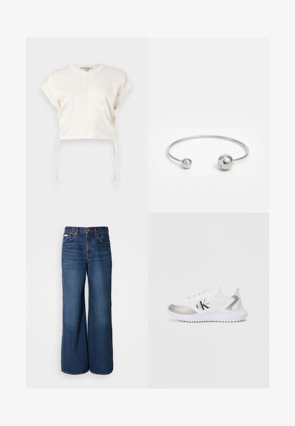 Crème cropped top van gladde stof, met een ronde halslijn, korte mouwen en verstelbare zijknoopjes. Eenvoudig, strak ontwerp.; Wijdvallende jeans van donkerblauwe denim. Kenmerken zijn een hoge taille, vijf zakken en contrasterende oranje stiksels langs de naden.; Witte sportschoenen met een zilveren accent, een gladde textuur en een rubberen zool. Beschikt over een opvallend zwart logo aan de zijkant en veters.; Zilveren metalen bangle armband met twee bolvormige accenten aan beide uiteinden, een gladde oppervlakte, open ontwerp en een strak, minimalistisch model.