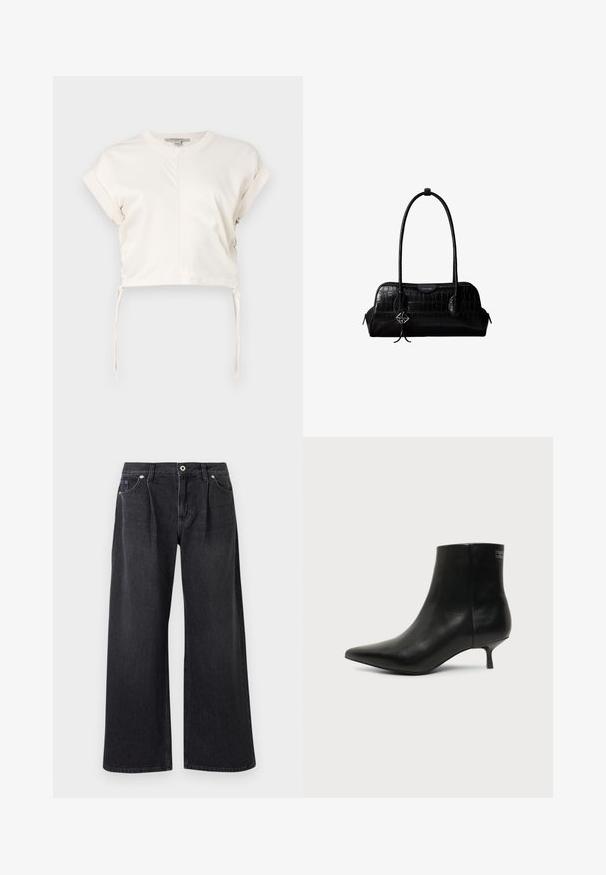 Crème cropped top van gladde stof, met een ronde halslijn, korte mouwen en verstelbare zijknoopjes. Eenvoudig, strak ontwerp.; Zwarte flare jeans van denim, met een knoopsluiting aan de voorkant, twee voorzakken en een nette afwerking zonder versieringen.; Zwart leren enkellaars met puntige neus en lage kittenhak op lichte achtergrond, zijaanzicht buitenkant.; Zwarte schoudertas van leer met krokodillenstructuur, lange banden en een klein zilveren logohanger aan één band.