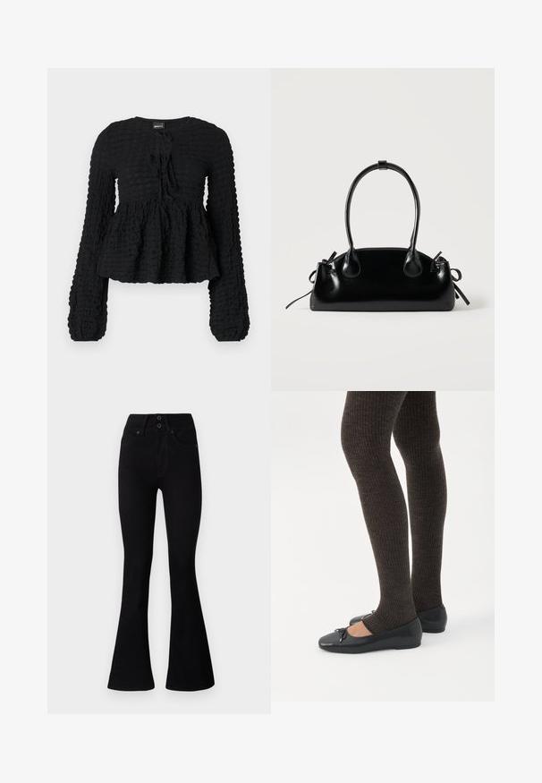 Must mustriga pikad varrukad, kogutud peplumi vöökoha ja ümmarguse kaelusega must top, millel on esifti sild ja krinkitud kangamuster.; Pepe Jeans FLARE CONTOUR - Alt laienevad teksad - black denim; Jalad seljas tumedad soonelises soonelises kombines mustade baleriinadega, millel on väikesed paelade detailid valgel taustal.; Väike must läikiv käekott kahe pika sangaga ja külgedel paelakinnitustega, ühel lihtsal helel taustal.