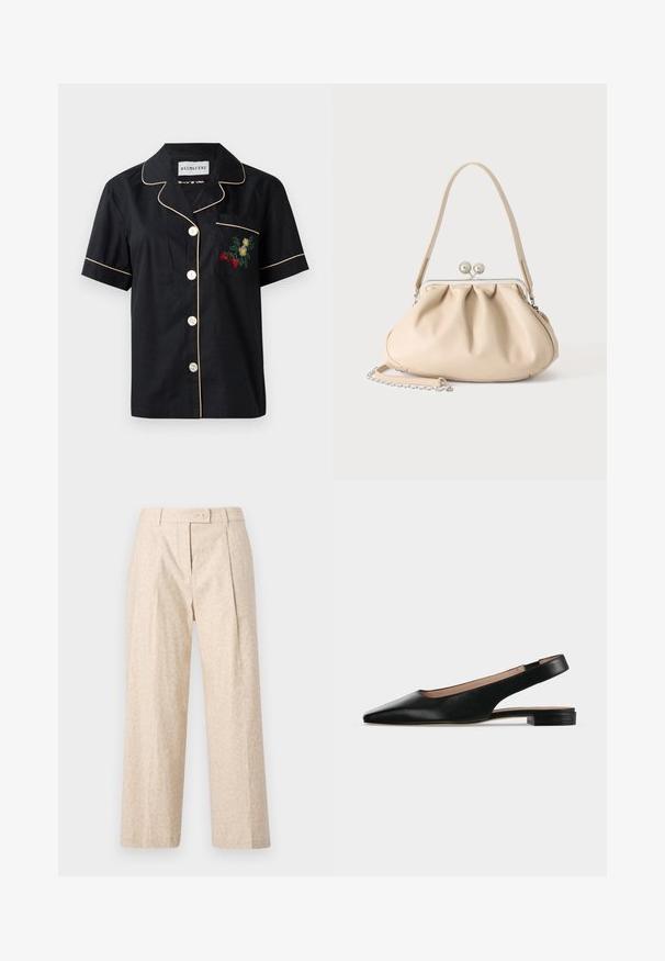 Schwarzes Kurzarmhemd mit kontrastierenden beigen Paspeln, fünfknöpfigem Frontverschluss und einer linken Brusttasche mit floralen Stickereien.; Beige Hose mit hohem Bund, dezentem Animal-Print, geraden, weiten Beinen, vorderer Bügelfalte, Gürtelschlaufen und Knopfverschluss.; Schwarzer Lederslingback-Flachschuh mit spitzer Zehenpartie und niedrigem quadratischem Absatz auf weißem Hintergrund.; Beige weiche Lederhandtasche mit silbernem Metallrahmenverschluss, einem Schulterriemen und einem optionalen Kettenriemen auf weißem Hintergrund.