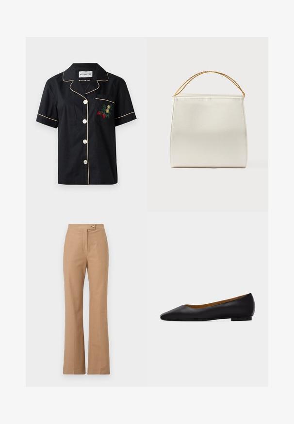 Schwarzes Kurzarmhemd mit kontrastierenden beigen Paspeln, fünfknöpfigem Frontverschluss und einer linken Brusttasche mit floralen Stickereien.; Beige maßgeschneiderte Hosen mit hoher Taille und ausgestelltem Schnitt, aus glattem Stoff gefertigt, mit einem Frontknopfverschluss und zwei seitlichen Taschen.; Schwarzer flacher Schuh aus Leder mit spitz zulaufender Vorderkappe, niedrigem Absatz und glatter Oberfläche, von der Seite vor einem hellgrauen Hintergrund dargestellt.; Strukturierte Handtasche mit Satin-Finish in Cremefarbe, mit einer Ketten-Schulterriemen. Verfügt über eine flache, glatte Textur und saubere Nähte.