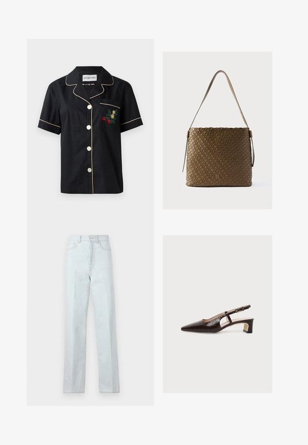 Sort kortærmet skjorte med kontrasterende beige piping, fem-knaps frontlukning og en venstre brystlomme med blomsterbroderi.; Lysblå denim jeans med bred benpasform og høj talje, der har en frontlynlås, knaplukning og klassisk fem-lommemodel.; Brun slingback-sko med spids tå, lav blokhæl, krokodillemønster, sideudskæring og justerbar spænderem, vist på hvid baggrund.; Flettet brun læderbucket taske med flad bund, bred åbning og en enkelt justerbar skulderrem. Har diskret præget logodetalje.
