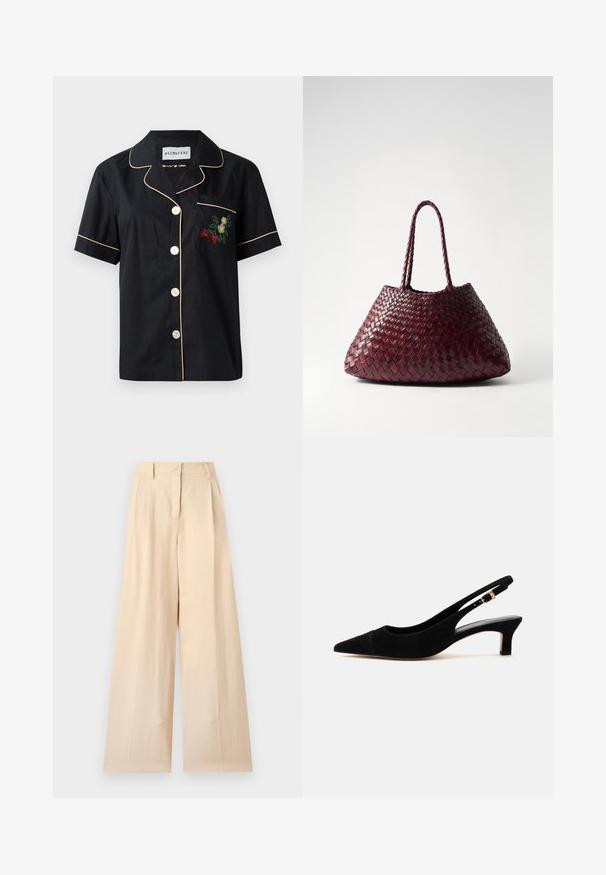 Schwarzes Kurzarmhemd mit kontrastierenden beigen Paspeln, fünfknöpfigem Frontverschluss und einer linken Brusttasche mit floralen Stickereien.; Beige Hochbund-Hose mit weitem Bein, Gürtelschlaufen und Reißverschluss vorne auf einfarbigem hellem Hintergrund.; Schwarzer Wildleder-Slingback-Pumps mit spitzer Spitze, 5 cm Kitten-Heel und goldener Schnalle am verstellbaren Fersenriemen.; DRAGON DIFFUSION SANTA CROCE BIG - Handtasche - bordo