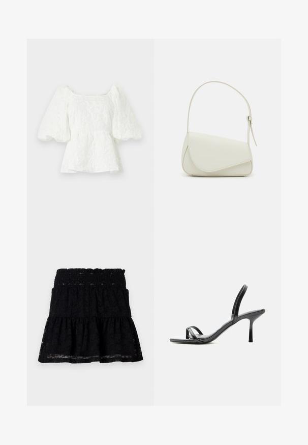 Blusa blanca texturizada con escote cuadrado y mangas abullonadas. Presenta una cintura tipo peplum que exhibe un patrón floral en toda la prenda.; Falda negra de encaje con una cinturilla fruncida. Presenta un diseño acampanado y en capas, con una textura transparente que crea una apariencia de capas.; Sandalia negra de tacón alto con finas tiras en los dedos y el tobillo, acabado brillante y tacón de aguja delgado.; Bolso de mano de imitación cuero blanco con una forma triangular estructurada, correa ajustable única y cierre con solapa acentuada en curva.