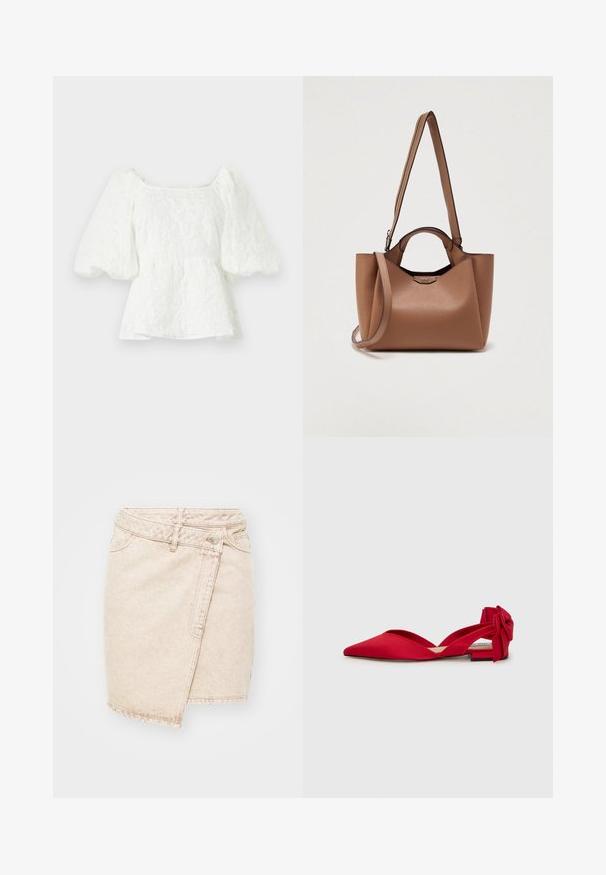 Blusa blanca texturizada con escote cuadrado y mangas abullonadas. Presenta una cintura tipo peplum que exhibe un patrón floral en toda la prenda.; Minifalda de mezclilla beige con un diseño envolvente, que cuenta con un cierre de botón, costuras visibles y una textura ligeramente desgastada.; Zapato destalonado rojo de punta afilada en tela lisa con una correa en el tobillo atada en un lazo. Cuenta con un tacón bajo de bloque y una suela texturizada.; Bolso tote de cuero marrón con un diseño estructurado, correa para el hombro desmontable y asas dobles. Cuenta con una placa con el logo en la parte frontal.